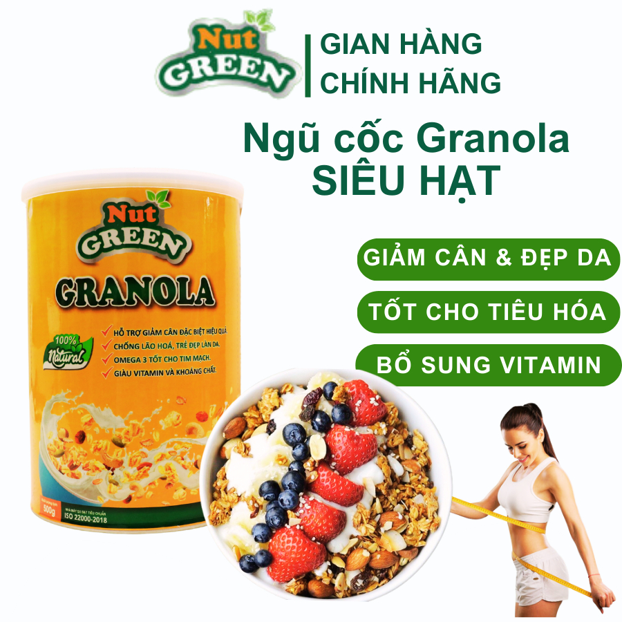 Ngũ Cốc Granola Siêu Hạt Mix Hoa Quả NutGreen 500G Hỗ Trợ Ăn Kiêng Giảm Cân 5 Vị Truyền thống,Matcha,Choco,Quế,Sữa chua