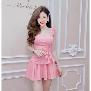 Đầm đính cườm tay bèo rút dây có nút ngực chất liệu umi cao cấp dày dặn co giãn tốt mặc siêu xinh