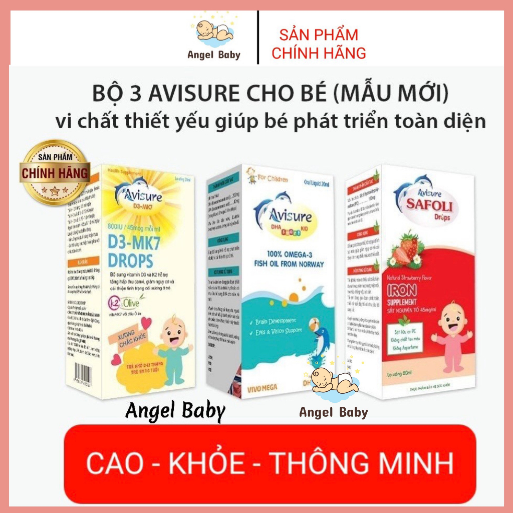 Bộ 3 vi chất Avisure nhỏ giọt thiết yếu cho bé - Avisure DHA, Sắt Safoli Drop, Vitamin D3-MK7 Avisure
