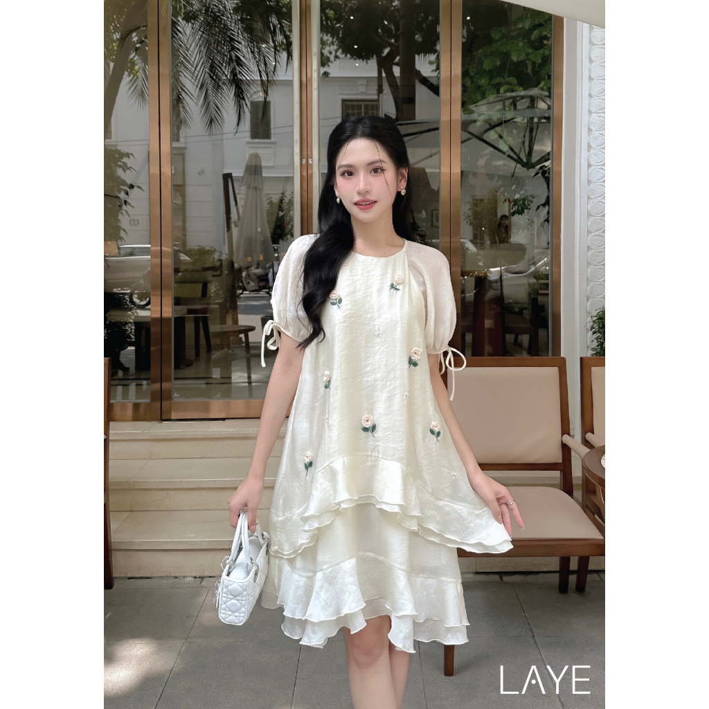 Đầm nữ hạ cúc thêu tay - đầm be dáng suông tay ngắn