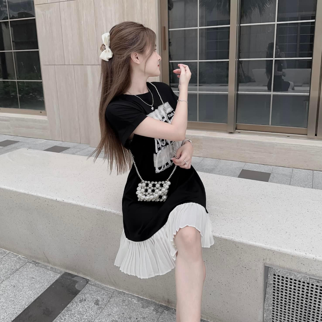 Đầm Váy Nữ Thun Hình In Chữ Phối Tùng Váy Xòe Xinh Xắn Cho Các Nàng Diện Đi Chơi, Hẹn Hò