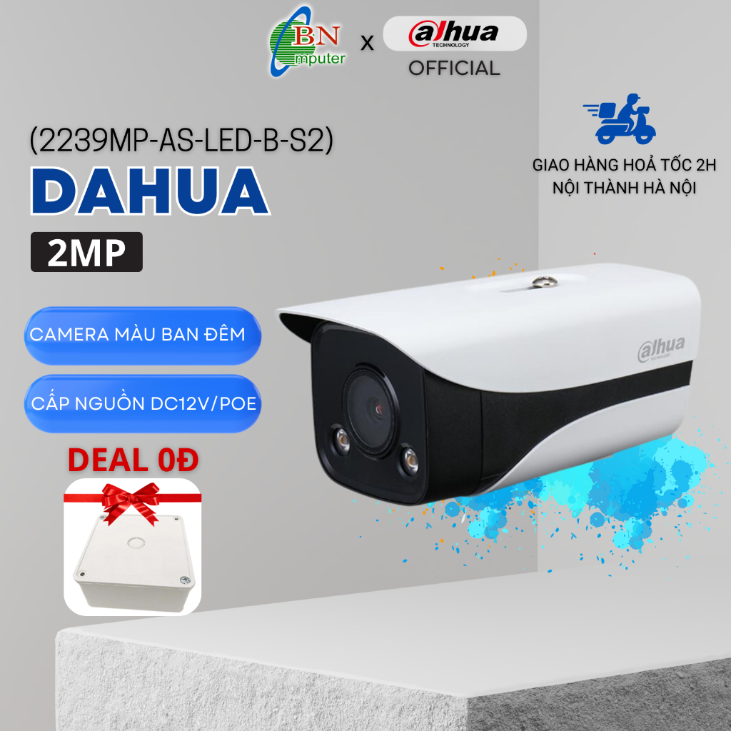 Camera IP Dahua 2.0MP HFW2239MP-AS-LED-B-S2 ban đêm có màu