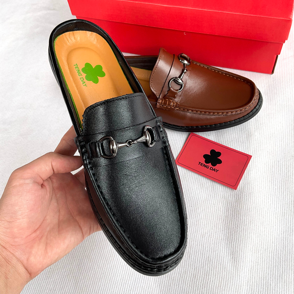Giày Sục Nam Thời Trang - Da Bò Thật Đế Cao Su, Mạnh Mẽ, Sang Trọng. Tengday Vietnam.. Màu Đen, Nâu
