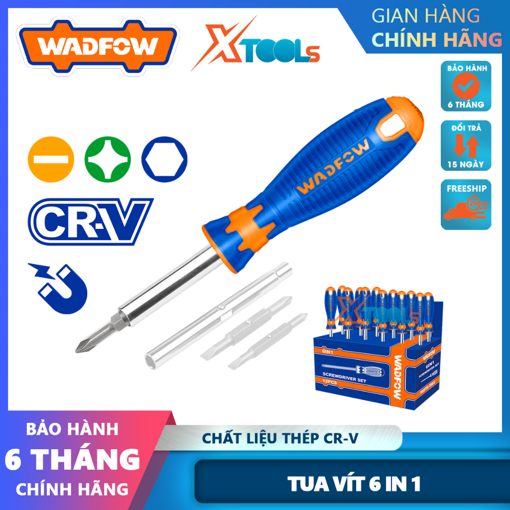 Bộ Tua vít dẹp, bake, lục giác 6 trong 1 WADFOW WSS5506, kích thước PH2 + SL6, 6 chức năng trong 1 đầu vít - chính hãng