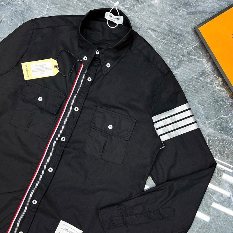 Áo SOMI Đen Nam Dài Tay Thome Khoá Zip Vạch Xanh Đỏ Dọc Cúc Dập 4 Sọc Bạc Ông Vải Thô Siêu Cấp Cho các Boy Phố