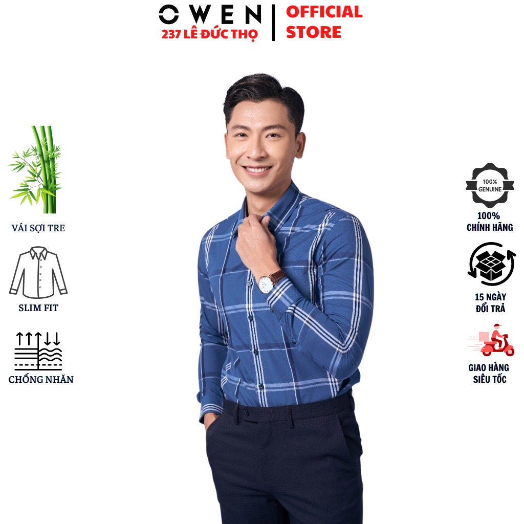 Áo sơ mi nam OWEN AS220950D somi dài tay công sở kẻ caro xanh navy trắng slim fit tà lượn không túi chất sợi tre cao cấp