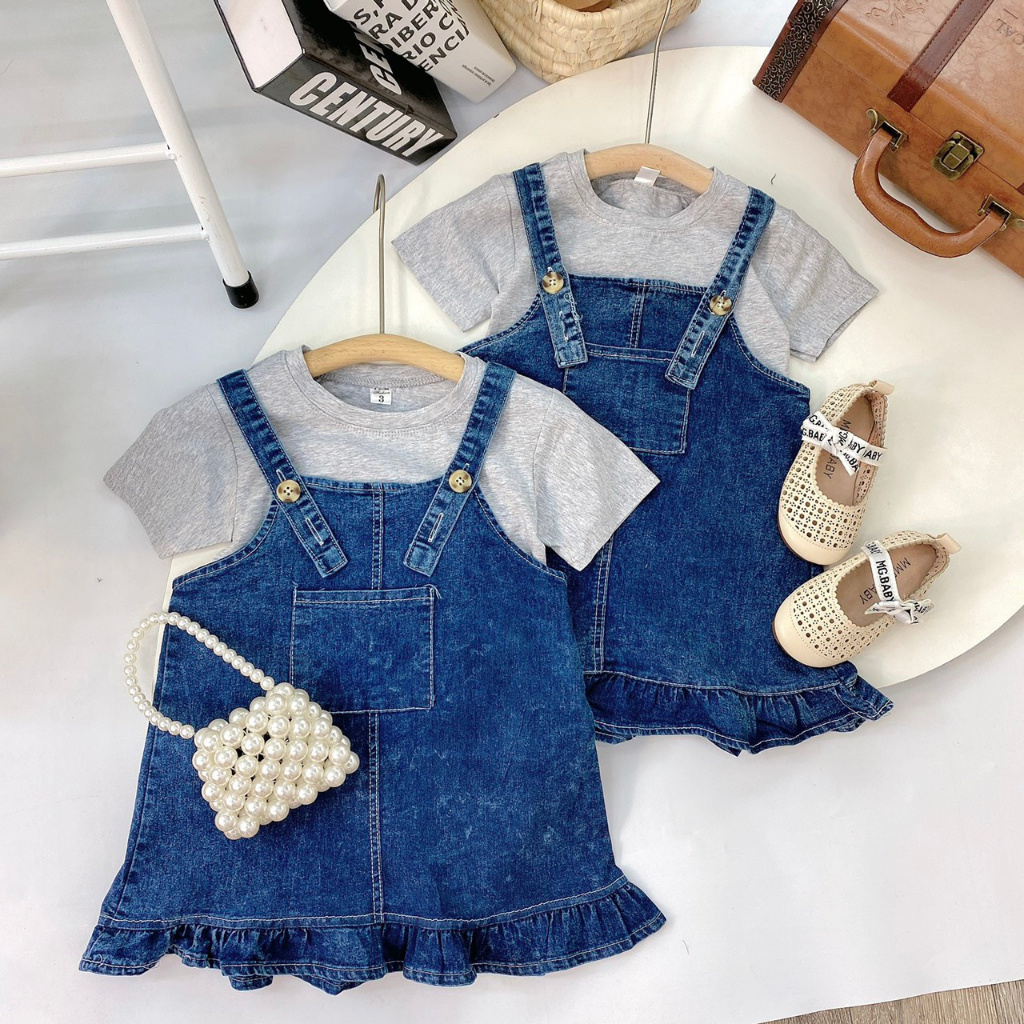 Váy jean cổ yếm viền bèo điệu đà cho bé gái