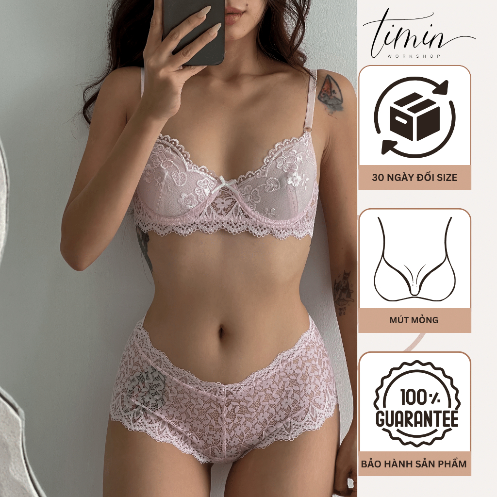 TM25 Set Nội Y Bra Ren Thêu Quần Full Mông Co Giãn Thiết Kế TIMIN WORKSHOP
