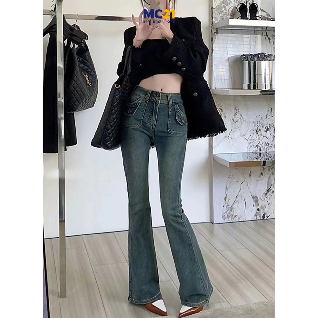 Quần jeans nữ suông ống loe MINION CLOTHING lưng cạp cao dáng đứng Ulzzang Streetwear Hàn Quốc Q3704