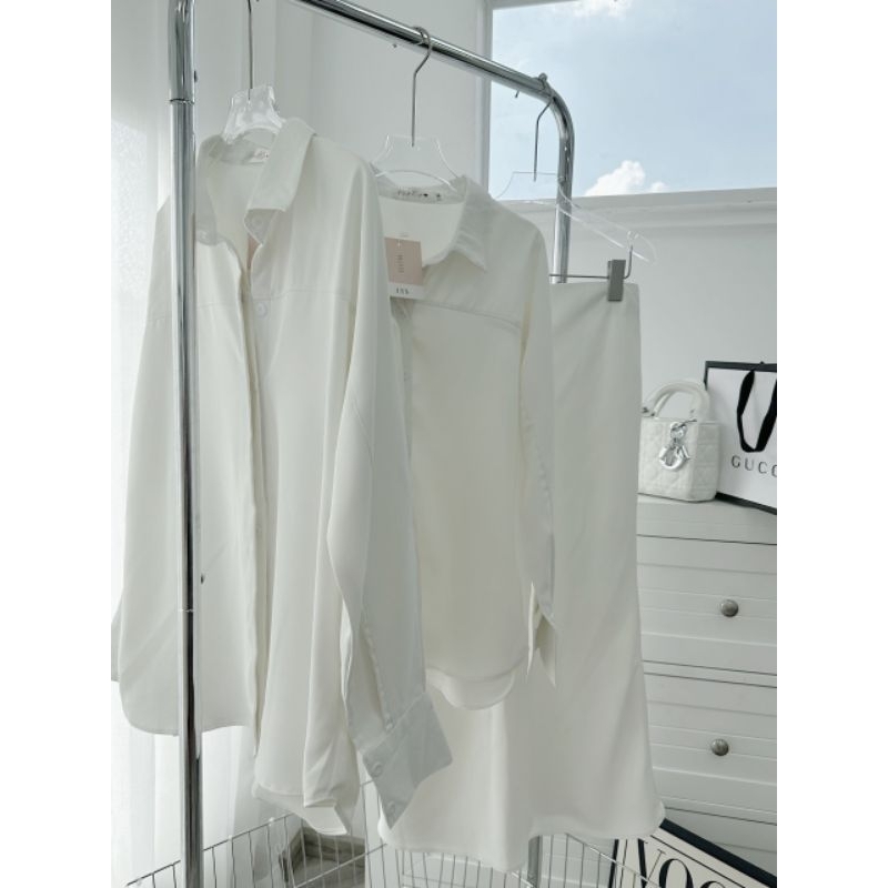 SET SƠ MI TRẮNG OVERSIZE + CHÂN VÁY MIDI