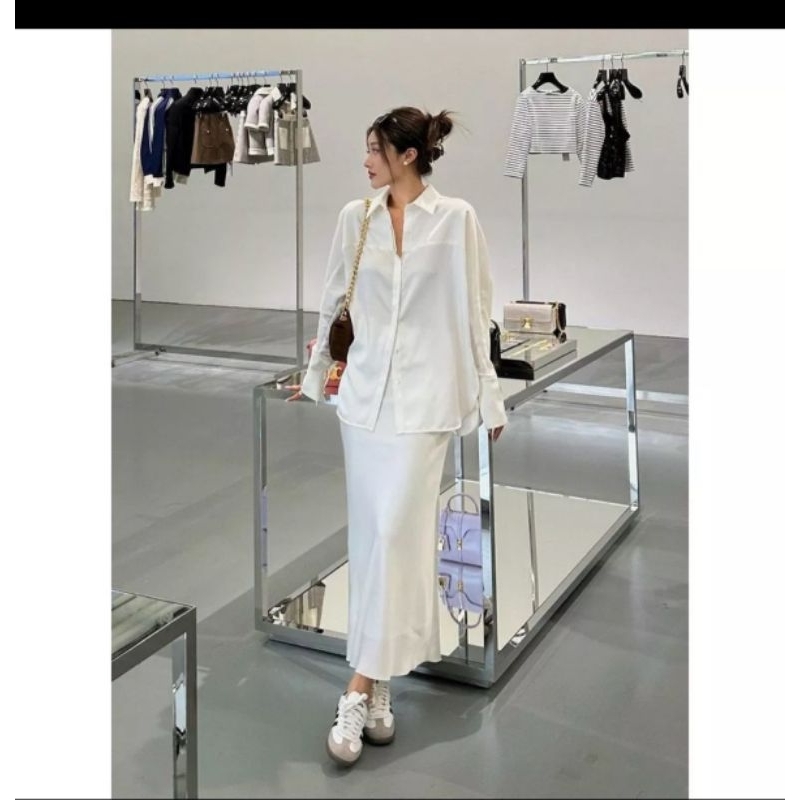 SET SƠ MI TRẮNG OVERSIZE + CHÂN VÁY MIDI