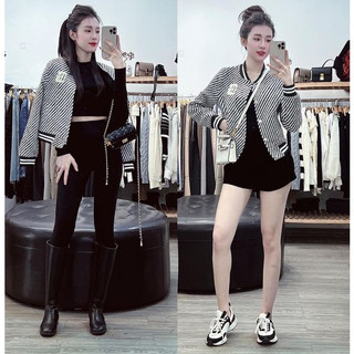 Áo khoác bomber dạ kẻ 2 lớp viền sọc
