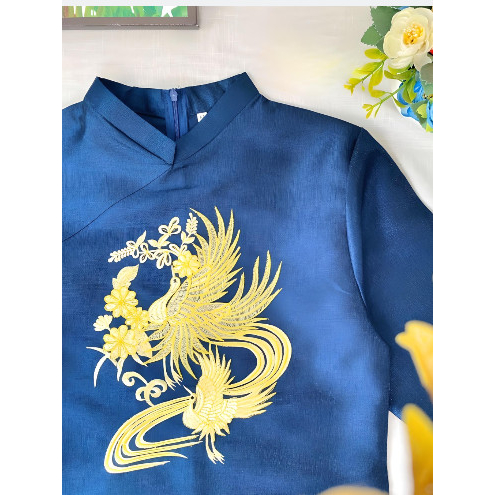 Áo dài nam cách tân thêu nổi màu xanh than cá tính chất liệu tafta nhũ cao cấp  - Áo Dài Nam Hoàng - NH03