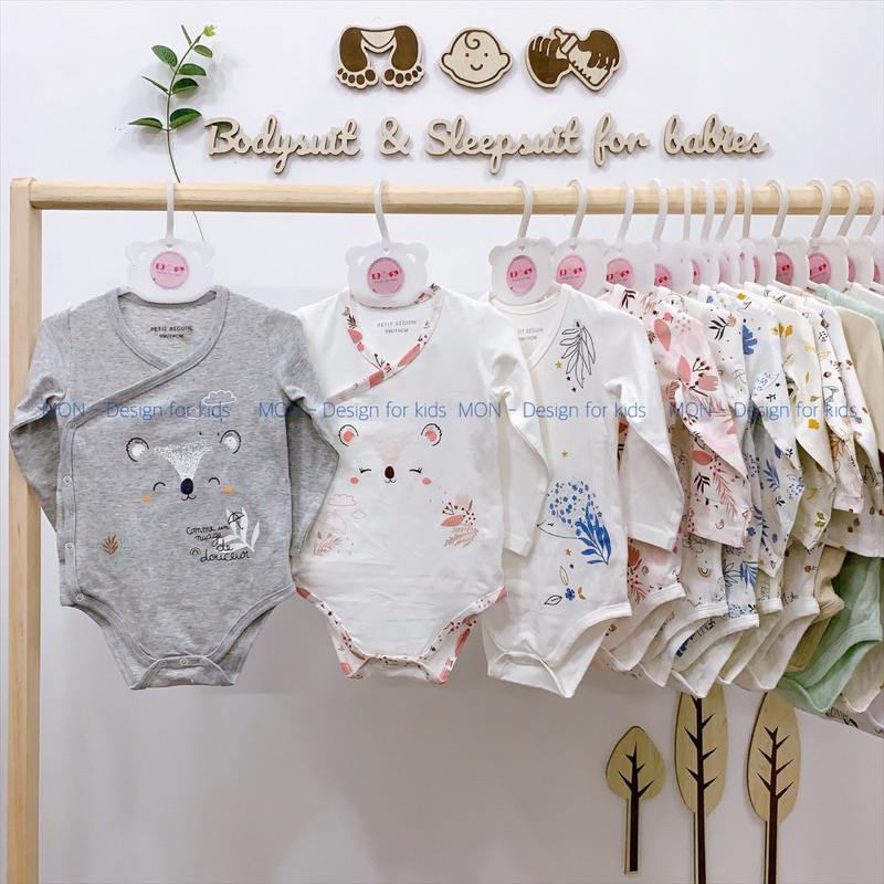 Bodysuit VẠT CHÉO cho bé, bộ body chip dài tay cài cúc vải ORGANIC cotton hàng xuất dư Petit.Beguin và Mu.ji