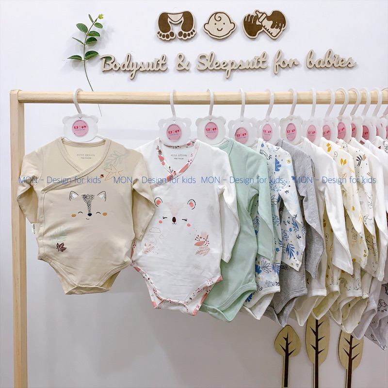 Bodysuit VẠT CHÉO cho bé, bộ body chip dài tay cài cúc vải ORGANIC cotton hàng xuất dư Petit.Beguin và Mu.ji