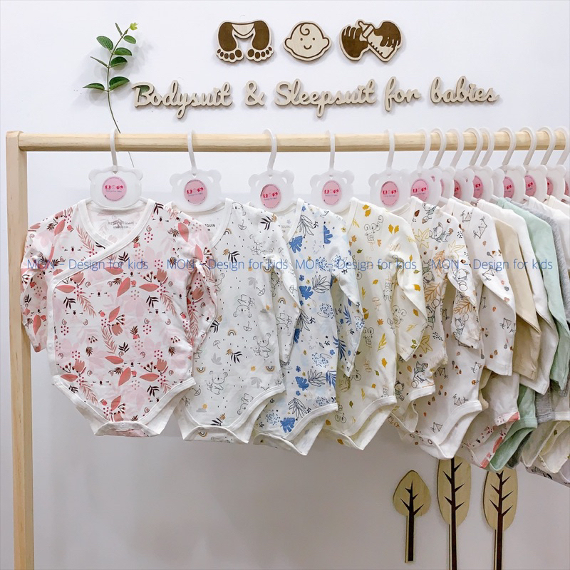 Bodysuit VẠT CHÉO cho bé, bộ body chip dài tay cài cúc vải ORGANIC cotton hàng xuất dư Petit.Beguin và Mu.ji
