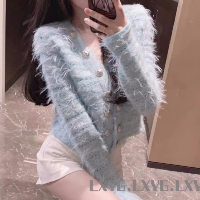 SALE Áo Khoác Nữ Dệt Kim Thu Đông Tua Rua Cúc Chạm