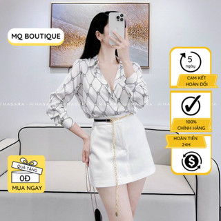Áo lụa sơ mi dài tay cao cấp công sở họa tiết xích hình thoi nền trắng sữa, áo sơmi họa tiết thiết kế MQ Boutique