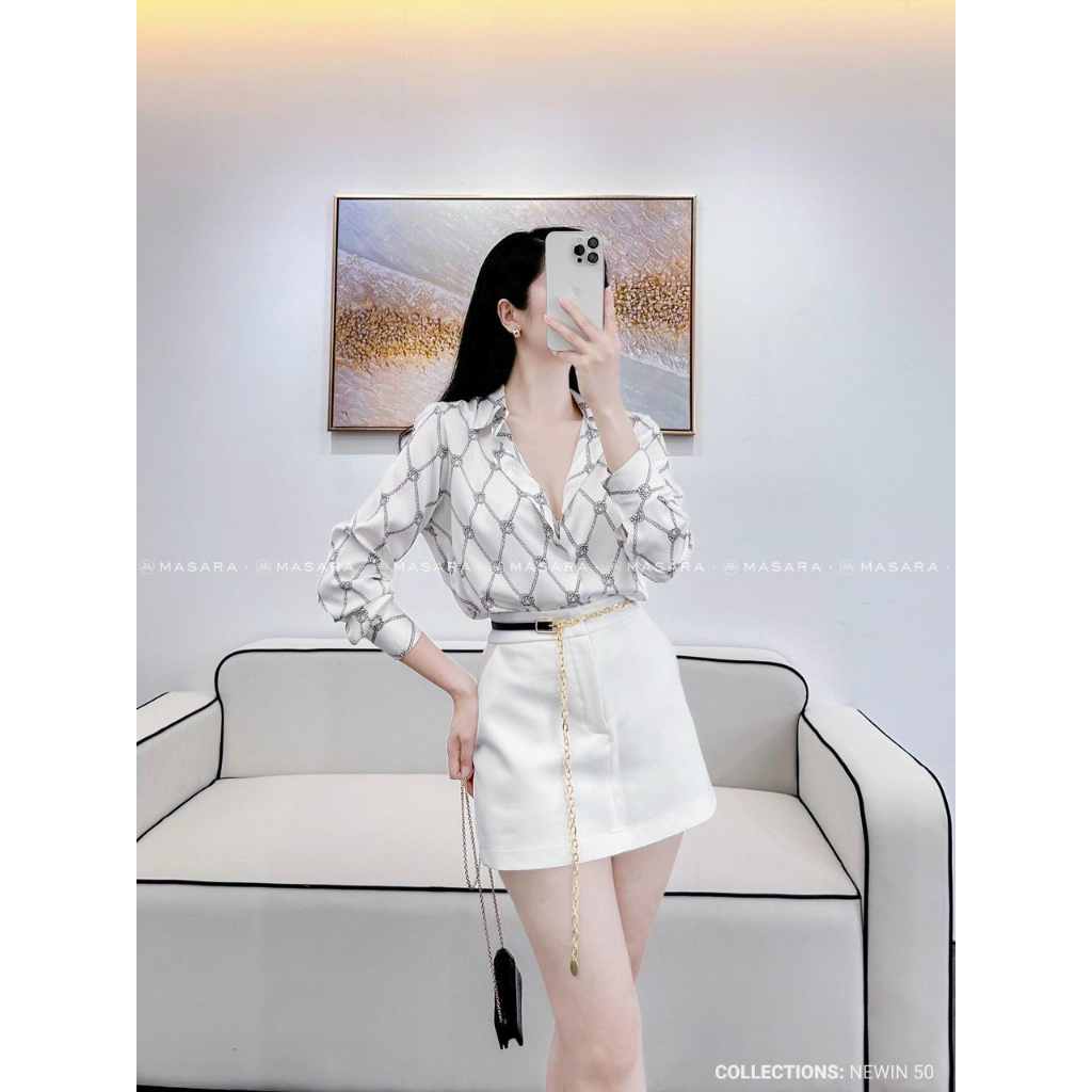 Áo lụa sơ mi dài tay cao cấp công sở họa tiết xích hình thoi nền trắng sữa, áo sơmi họa tiết thiết kế MQ Boutique