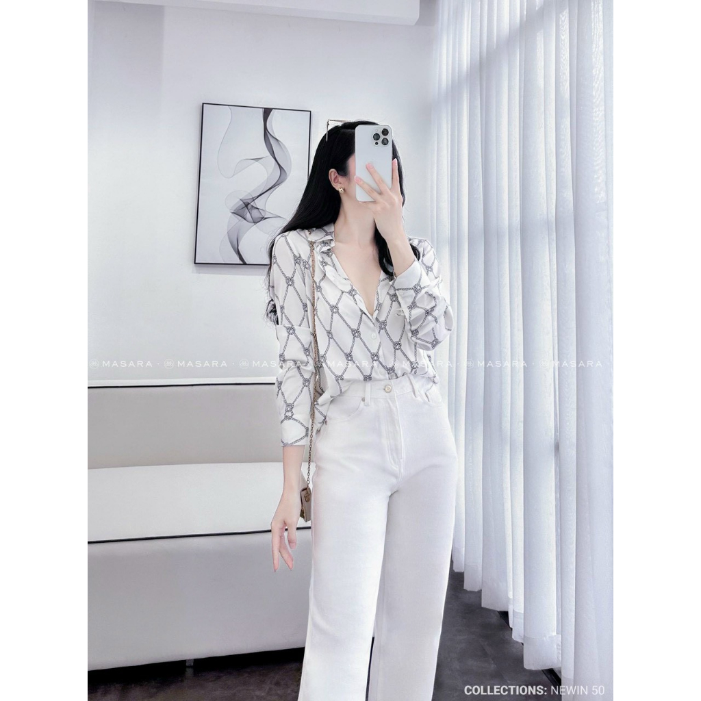 Áo lụa sơ mi dài tay cao cấp công sở họa tiết xích hình thoi nền trắng sữa, áo sơmi họa tiết thiết kế MQ Boutique