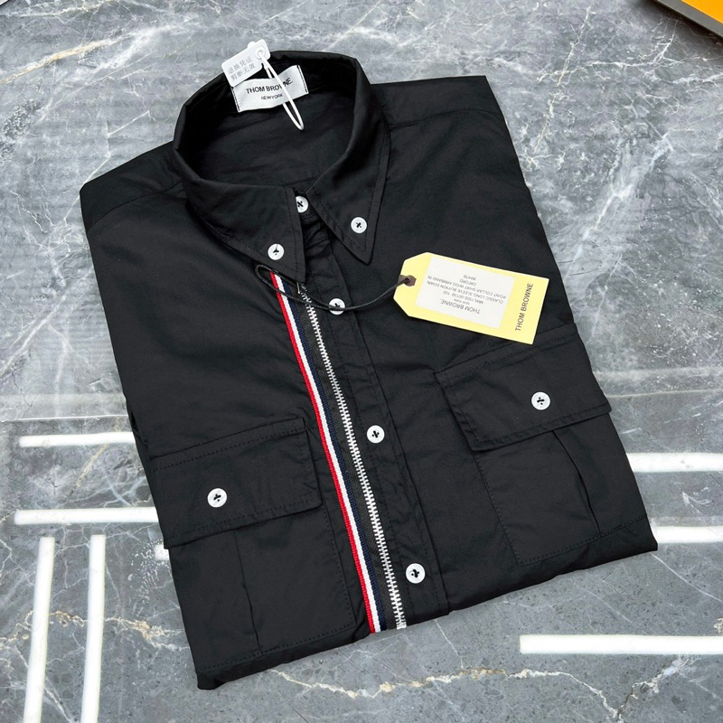 Áo SOMI Đen Nam Dài Tay Thome Khoá Zip Vạch Xanh Đỏ Dọc Cúc Dập 4 Sọc Bạc Ông Vải Thô Siêu Cấp Cho các Boy Phố