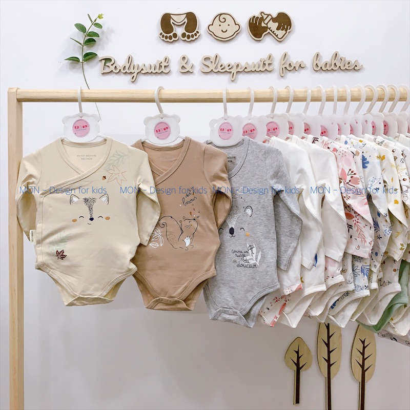 Bodysuit VẠT CHÉO cho bé, bộ body chip dài tay cài cúc vải ORGANIC cotton hàng xuất dư Petit.Beguin