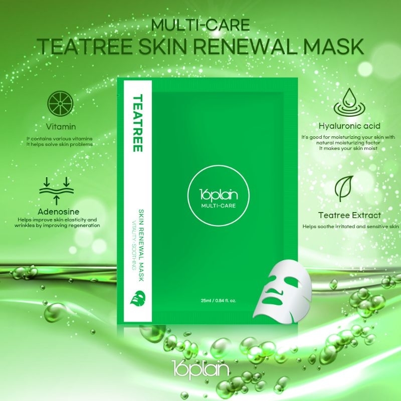 Mặt nạ tràm trà kiểm soát dầu, mụn 16plain Multi-care Teatree Skin Renewal 25ml