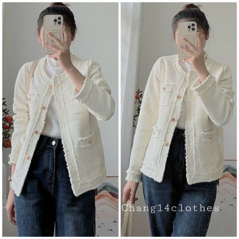 Áo khoác dạ tweed 4 túi cúc đồng Quảng Châu A288