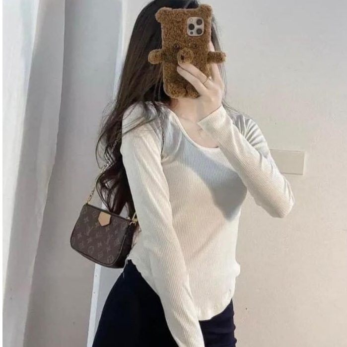Áo thun tăm,áo thun nữ dài tay vạt bầu cổ U co giãn ôm body SA20 HOASUMO