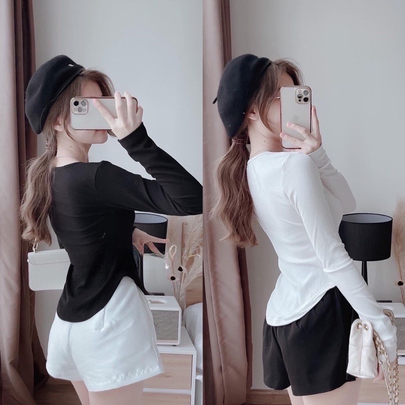 Áo thun tăm,áo thun nữ dài tay vạt bầu cổ U co giãn ôm body SA20 HOASUMO