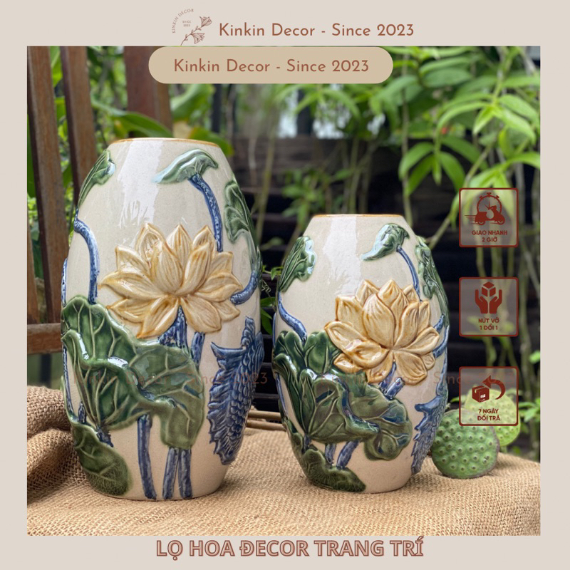 Lọ hoa decor men kem đắp nổi dáng quả trứng gốm sứ Bát Tràng-Kinkindecor