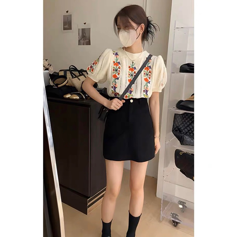 Áo len nữ cộc tay thêu hoa tiêu thư nhẹ nhàng