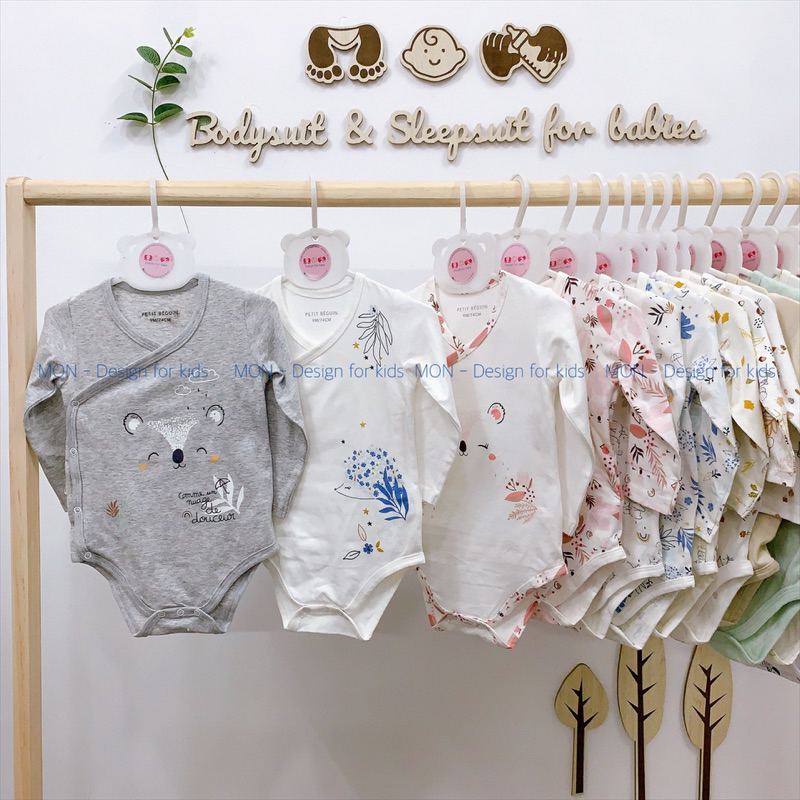 Bodysuit VẠT CHÉO cho bé, bộ body chip dài tay cài cúc vải ORGANIC cotton hàng xuất dư Petit.Beguin