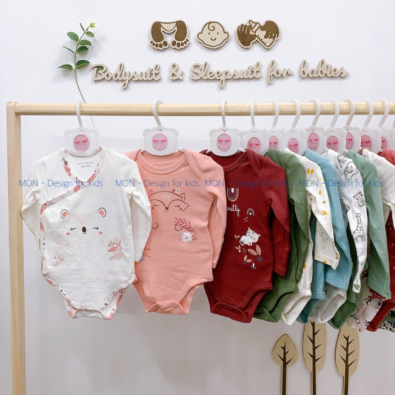 Bodysuit VẠT CHÉO cho bé, bộ body chip dài tay cài cúc vải ORGANIC cotton hàng xuất dư Petit.Beguin