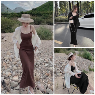 Đầm thun body co giãn 2 dây đuôi cá form dài kèm áo khoác voan mỏng - Colory Shop