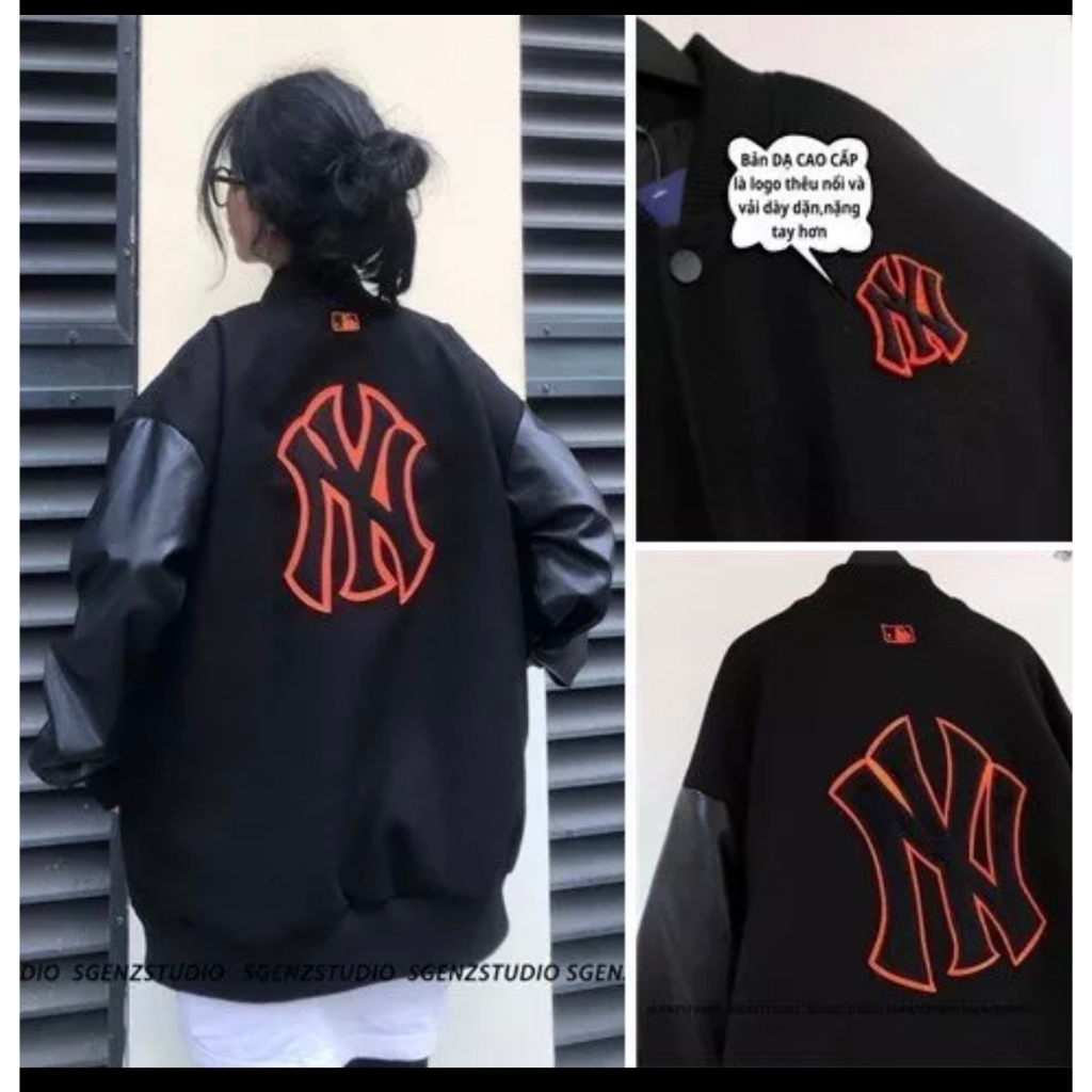 Áo varsity jacket MLB NY vải nỉ dày dặn phối tay da,Áo bomber nỉ form chuẩn nam nữ phong cách boy phố