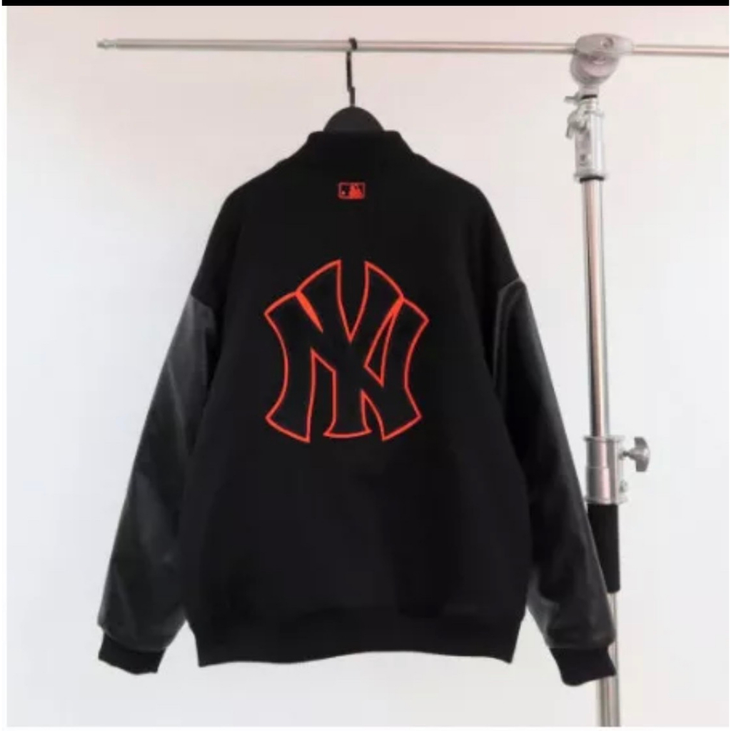 Áo varsity jacket MLB NY vải nỉ dày dặn phối tay da,Áo bomber nỉ form chuẩn nam nữ phong cách boy phố