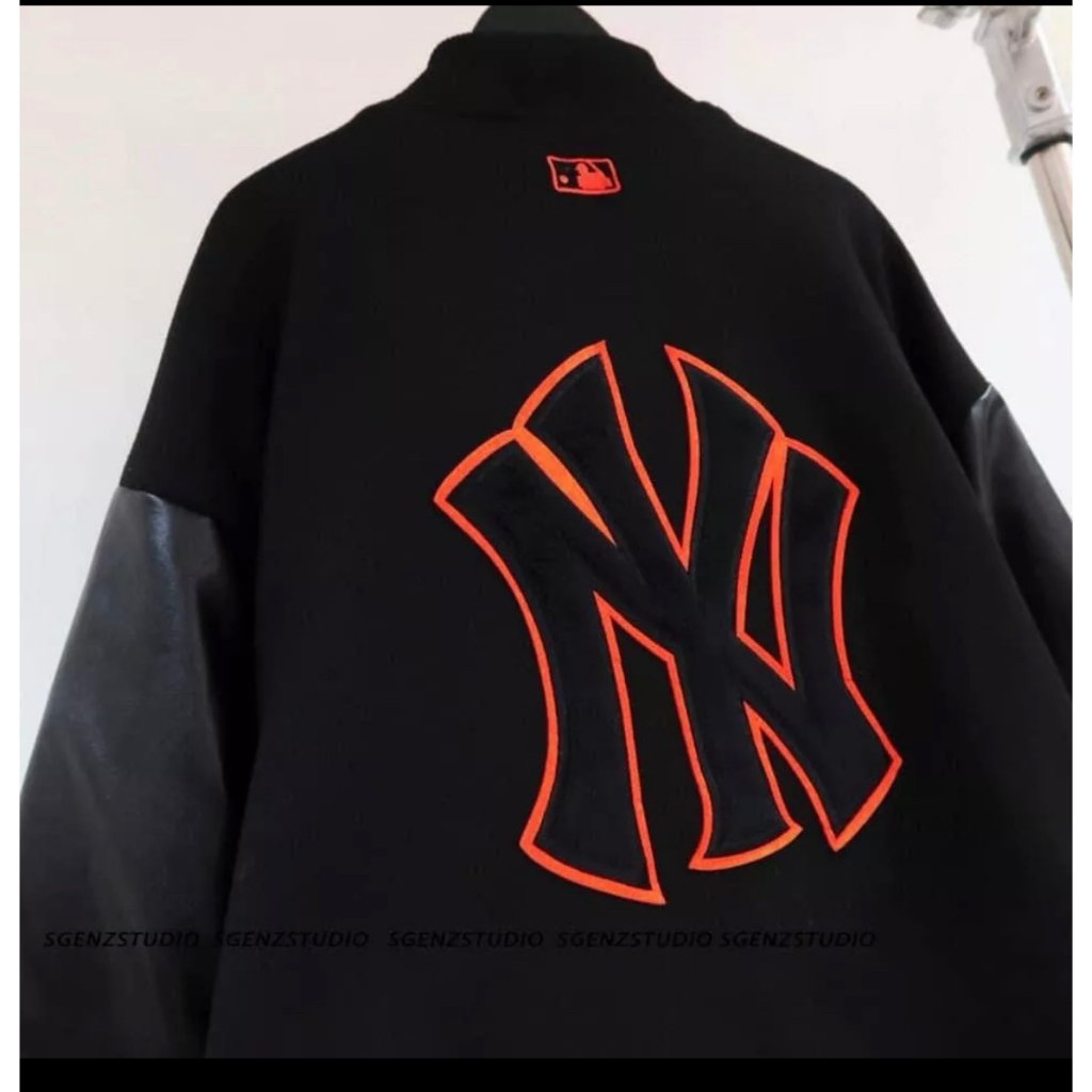 Áo varsity jacket MLB NY vải nỉ dày dặn phối tay da,Áo bomber nỉ form chuẩn nam nữ phong cách boy phố