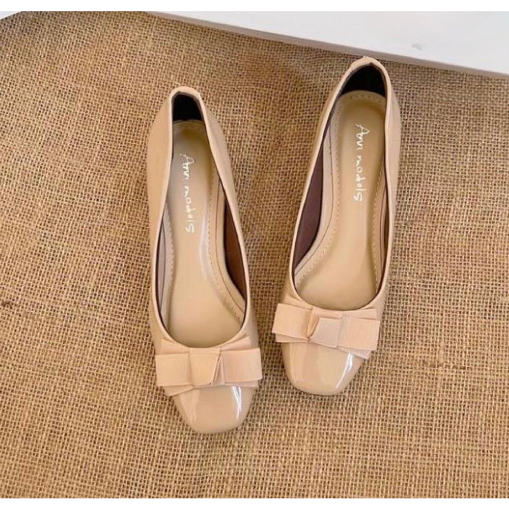 Giày cao gót 3 phân mũi vuông Annmodels phối nơ nhí thời trang chất liêu xi bóng _A1004XBNU