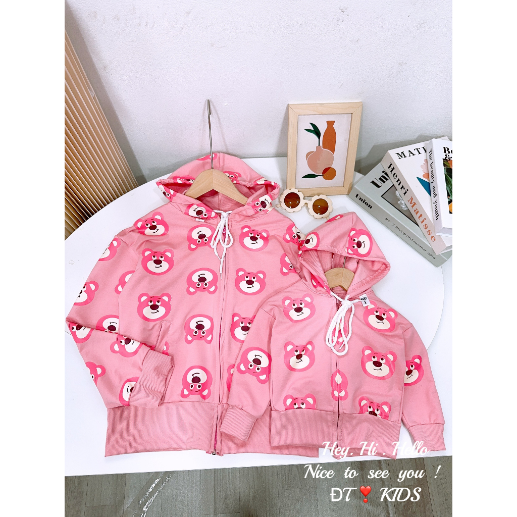 Set áo khoác gấu dâu lotso xinh xắn cho mẹ và bé 8-65kg