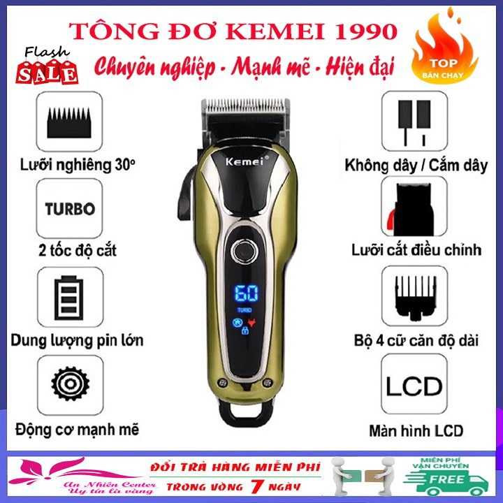 Tông Đơ Kemei-1990 Cao Cấp Chuyên Nghiệp Pin Lithium 2000mAh Màn Hình LCD-Hàng Chính Hãng Bảo Hành 12 Tháng12 Tháng