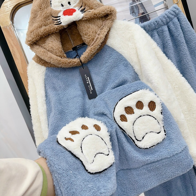 Bộ đồ ngủ lông gấu xanh M-Chou siêu ấm áp