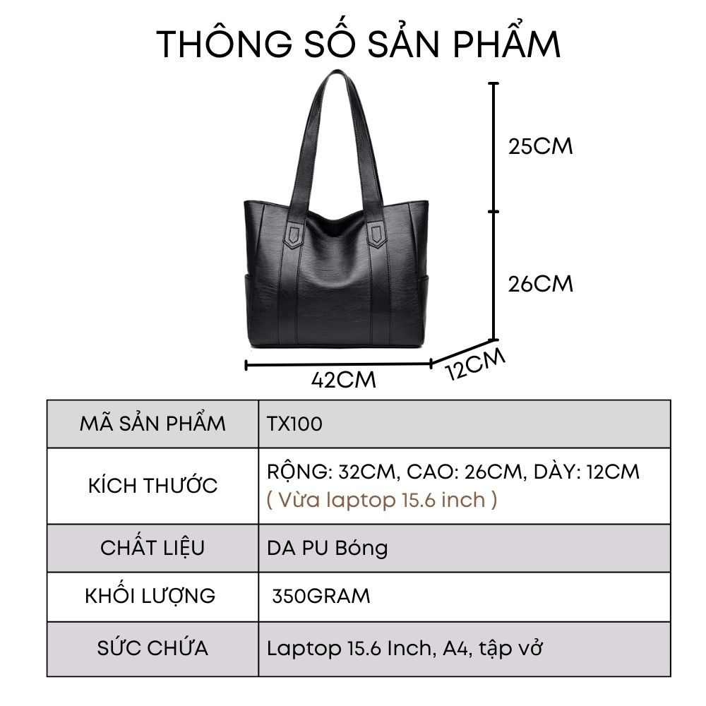 Túi xách nữ công sở đeo vai màu đen da PU bóng đẹp đi làm vừa laptop 15.6 inch size 42 cm ROSASO TX100