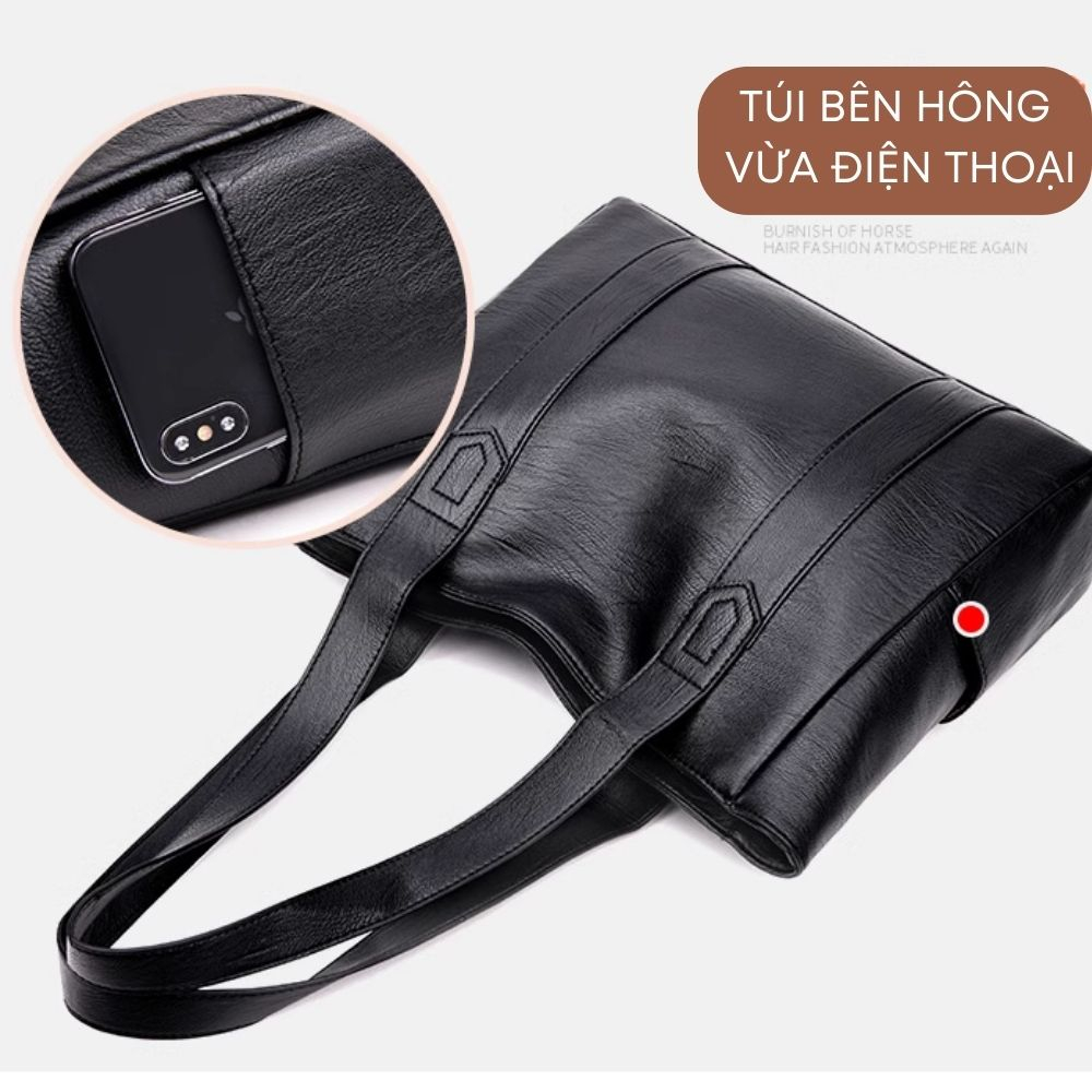 Túi xách nữ công sở đeo vai màu đen da PU bóng đẹp đi làm vừa laptop 15.6 inch size 42 cm ROSASO TX100