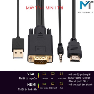 Dây cáp VGA to HDMI 1m8, Cáp chuyển đổi VGA to HDMI hỗ trợ độ phân giải Full HD 60hz
