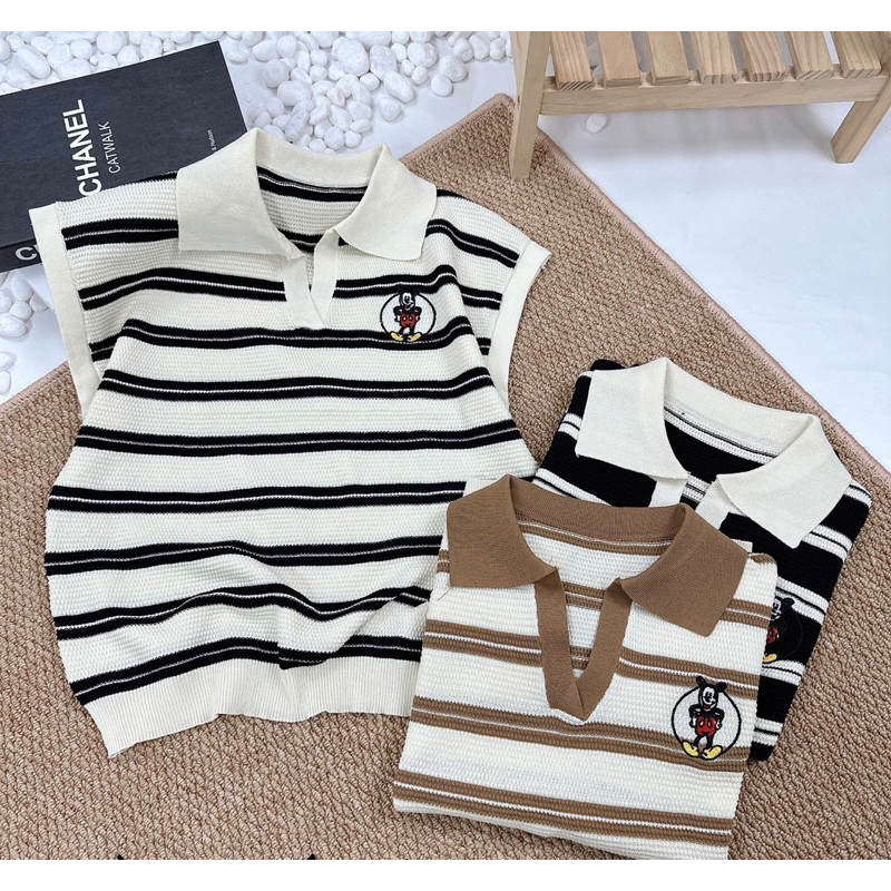 Áo polo len mongtoghi tay hến , logo thêu mickey , kèm video và ảnh thật