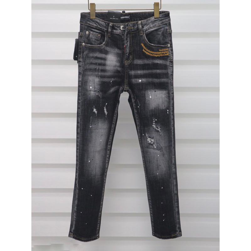 Quần jean bò nam Dsq2 biker slimfit wash xám khói rách vảy sơn thêu chữ viền túi đơn giản basic