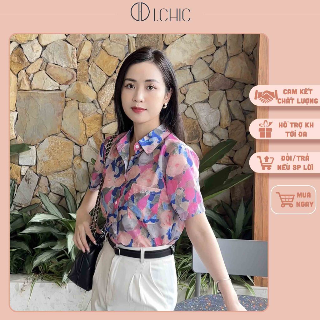 ICHIC - Áo sơ mi cộc tay họa tiết hoa màu hồng A035 cực xinh
