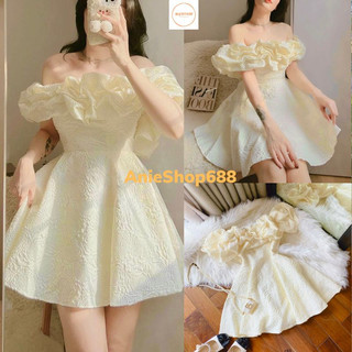  Váy trễ vai viền bèo phồng chất gấm xốp màu be Đầm dự tiệc hở vai dáng xoè bồng tiểu thư đi chơi đám cưới hàn quốc 