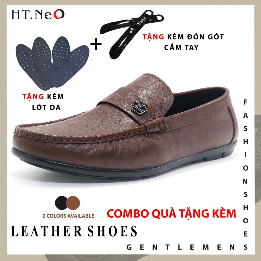 Giày lười mọi da bò HT.NeO , Giày nam đế bệt kiểu da gân khỏe khoắn quai ngang họa tiết phong cách hiện đại GLN6363